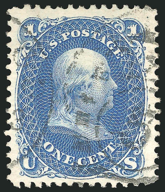 1c Blue, Re-Issue (102).> Deep rich color on bright white paper, wide margins, New York circular datestamp and 5 duplex cancel<><>^VERY FINE AND CHOICE. A SCARCE USED EXAMPLE OF THE ONE-CENT 1861 RE-ISSUE. OUR
RECENTLY COMPLETED CENSUS RECORDS LE