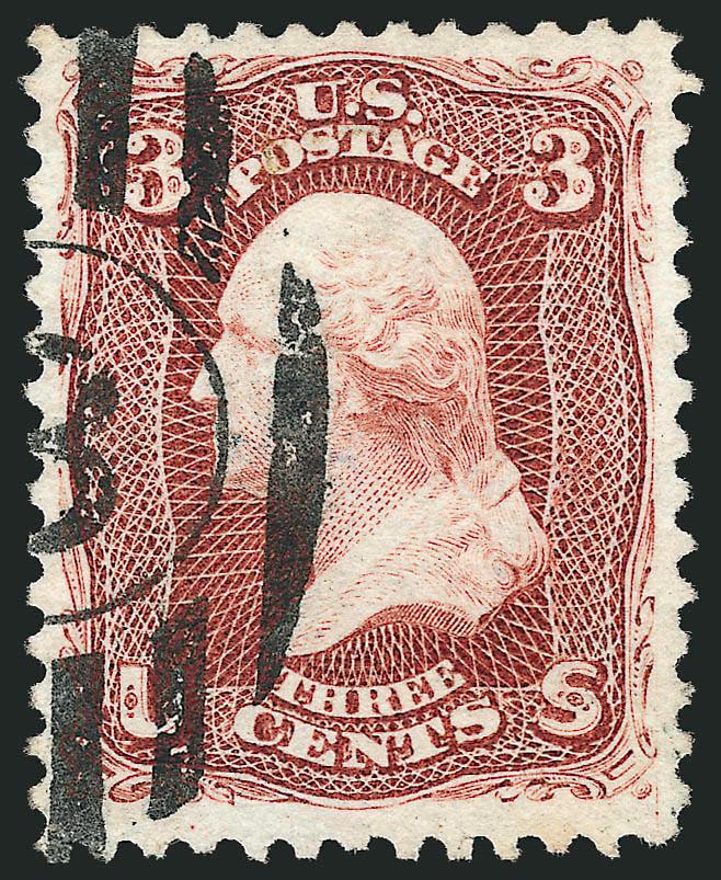 3c Brown Red, Re-Issue (104).> Deep rich color and detailed impression on bright paper, neat strike of duplex cancel, small thin spot at top, tiny corner perf crease at bottom left<><>^EXTREMELY FINE APPEARANCE.
THIS IS EASILY ONE OF THE FINEST OF