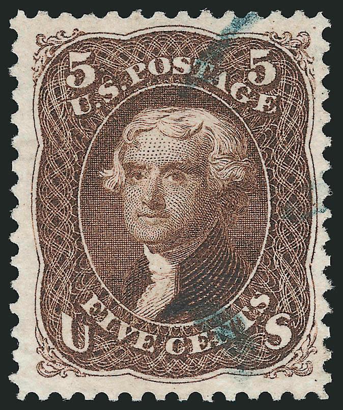 5c Brown, Re-Issue (105).> Deep rich color on bright paper, unobtrusive strike of <blue> cancel<><>^VERY FINE AND CHOICE. A RARE EXAMPLE OF THE 5-CENT 1861 RE-ISSUE WITH A COLORED CANCEL. OUR RECENTLY COMPLETED
CENSUS CONTAINS ONLY 34 USED COPIES.^