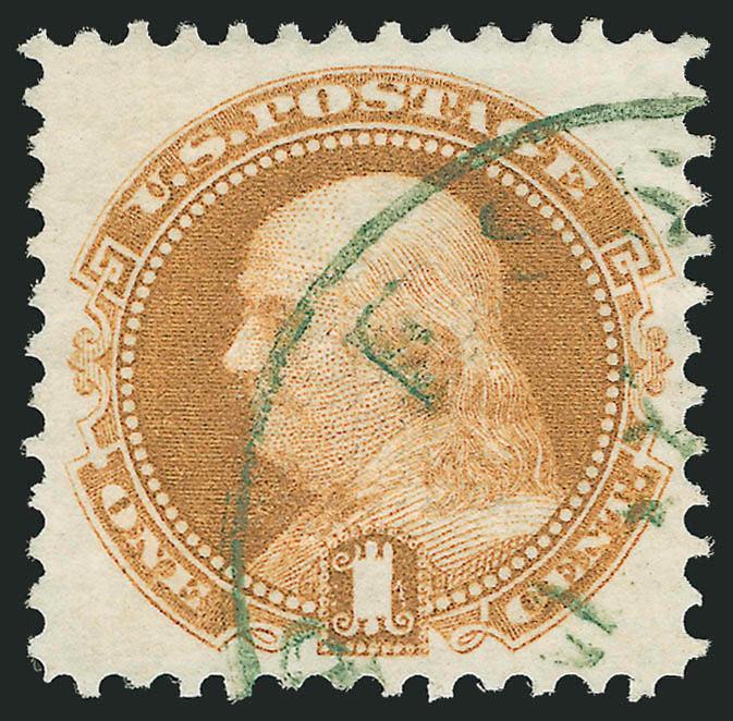 1c Buff (112).> Beautifully centered and cancelled by a rare <green town datestamp,> choice fresh color<><>^EXTREMELY FINE GEM. THIS IS PROBABLY THE FINEST EXAMPLE OF THE ONE-CENT 1869 PICTORIAL ISSUE WITH A
GREEN CANCEL IN EXISTENCE.^<><>This st