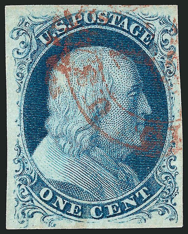 1c Blue, Ty. III (8).> Position 82L4, large margins all around, wonderful dark Plate 4 shade which is nicely complemented by <red U.S. Mail New York carrier datestamp,> clearly showing breaks at top and bottom
(the defining characteristic of the ty