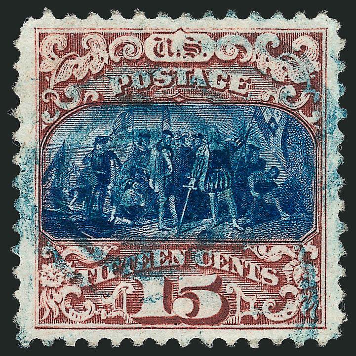 15c Brown & Blue, Ty. II (119).> Deep rich colors nicely complemented by <blue target> cancel, wide and balanced margins, full perforations all around<><>^EXTREMELY FINE EXAMPLE OF THE 15-CENT TYPE II 1869
PICTORIAL ISSUE CANCELLED IN BLUE.^<><>W