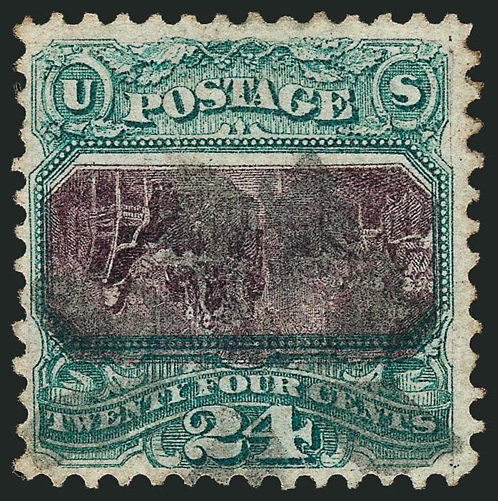 24c Green & Violet, Center Inverted (120b).> Deep rich colors and detailed impressions, bright paper, rosette cancel leaves vignette clearly visible, tiny trivial corner crease at bottom right<><>^VERY FINE
APPEARANCE. AN UNUSUALLY ATTRACTIVE EXAMP