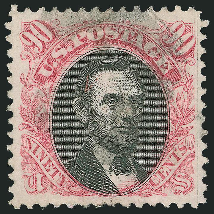 90c Carmine & Black (122).> Very well-centered with wide margins, lovely pastel shade, bright and fresh, faint cancel<><>^EXTREMELY FINE GEM. A WONDERFUL USED EXAMPLE OF THE 90-CENT 1869 ISSUE. A TRUE CONDITION
RARITY IN TERMS OF COLOR, CENTERING A