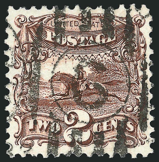 2c Brown, Re-Issue (124).> Deep rich color, essentially perfect centering with wide balanced margins, sharp strike of 6 oval grid duplex cancel<><>^EXTREMELY FINE GEM. ONE OF THE FINEST USED EXAMPLES OF THE
2-CENT 1869 PICTORIAL RE-ISSUE EXTANT.^