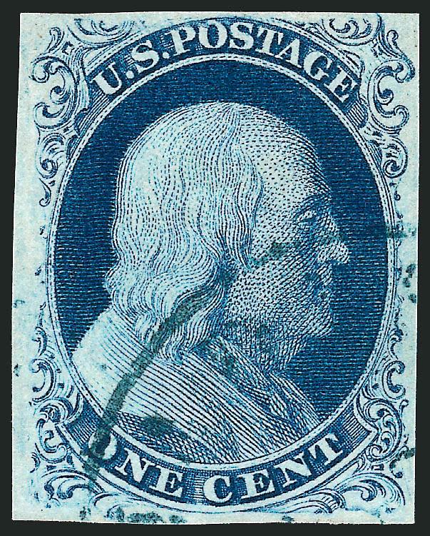 1c Blue, Ty. IIIa (8A).> Large margins to full at top showing wide beak in outer line at top, deep rich Plate 4 color on bright paper, neat strike of <blue circular datestamp> cancel<><>^VERY FINE AND CHOICE
EXAMPLE OF THE 1851 ONE-CENT TYPE IIIA I