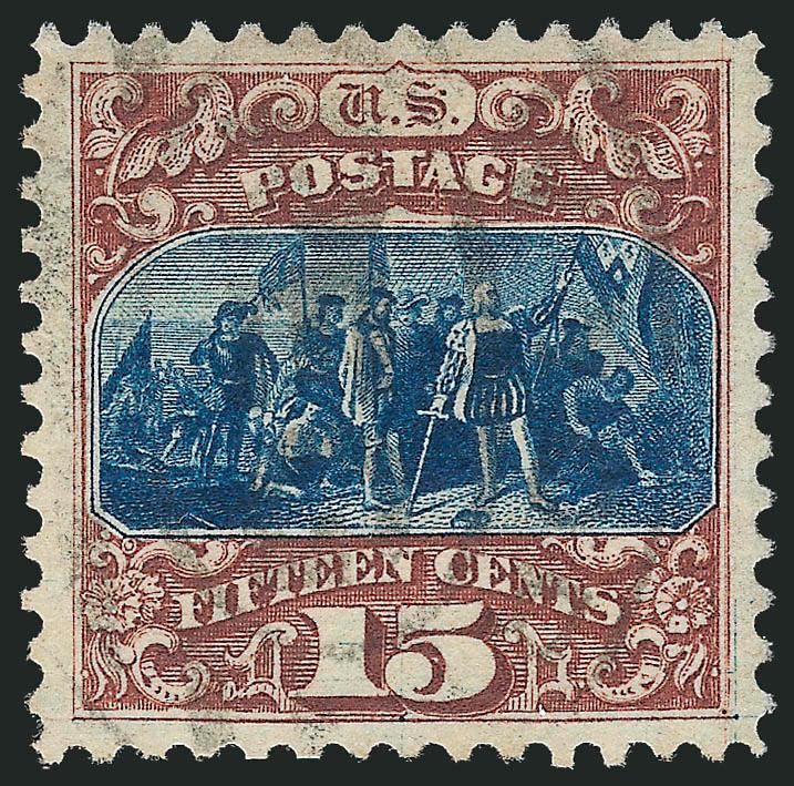 15c Brown & Blue, Re-Issue (129).> Very lightly cancelled and magnificently centered<><>^EXTREMELY FINE GEM. A SUPERB USED EXAMPLE OF THE 15-CENT 1869 RE-ISSUE GRADED XF-SUPERB 95 BY THE PHILATELIC
FOUNDATION.^<><>With 2006 P.F. certificate (XF-S