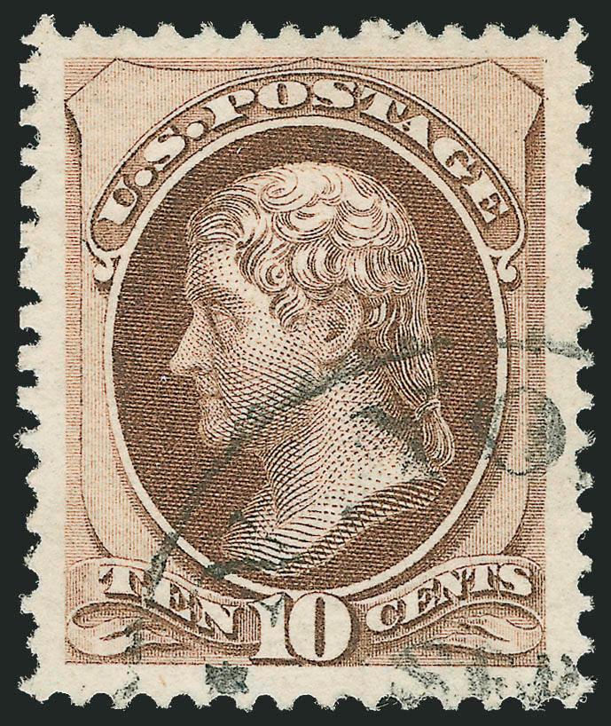 10c Brown, Grill (139).> H. Grill, remarkably well-centered with wide margins, dark color on bright white paper with long full perfs all around, many clear grill points, neat part strike of <N. York Steamship>
circular datestamp<><>^EXTREMELY FIN