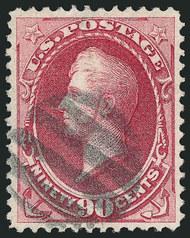 90c Carmine, Grill (144).> H. Grill, brilliant color, unusually choice centering for this difficult issue with well-proportioned margins, bold strike of grid cancel<><>^EXTREMELY FINE. A BEAUTIFUL USED EXAMPLE OF
THE 1870 90-CENT NATIONAL BANK NOTE