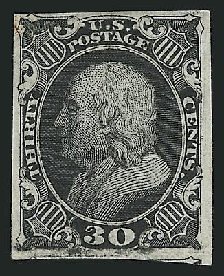 30c Black, Trial Color Plate Proof on Wove (38TC5).> Large margins to just touched, deep shade, tiny toned spot at top left, appears Fine