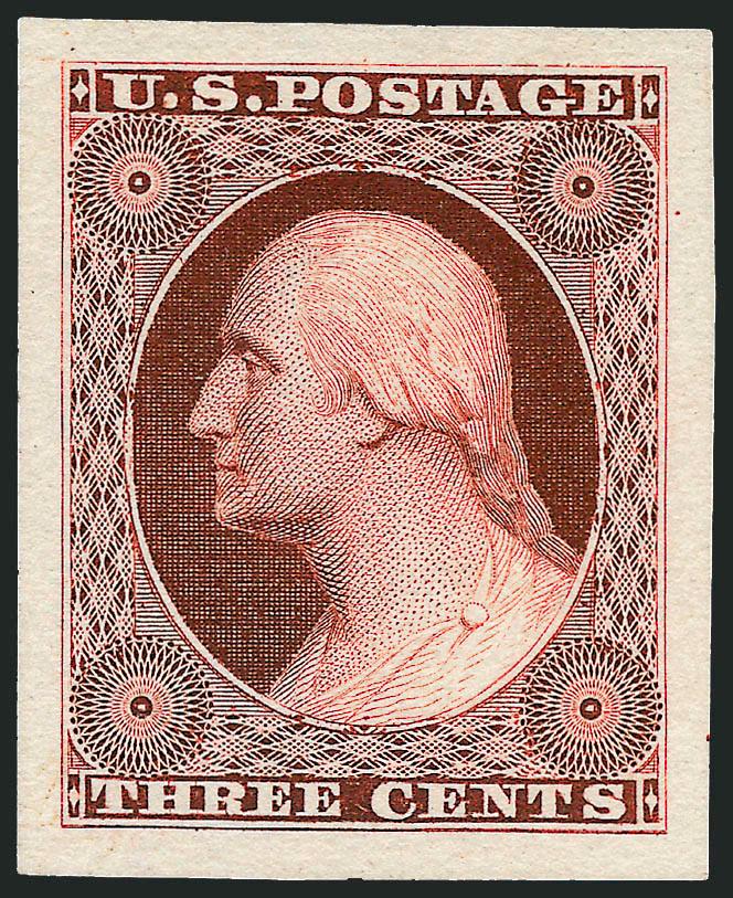 3c Scarlet, Ty. I, Panama-Pacific Small Die Proof (41P2a).> Color is more a shade of Dark Brownish Carmine (slightly oxidized?), beautiful impression, Very Fine