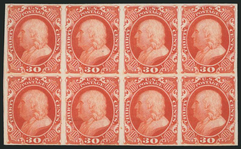 30c 1851-60 Issue, Atlanta Trial Color Plate Proofs (46TC).> Black and Scarlet horizontal blocks of eight, Very Fine-Extremely Fine