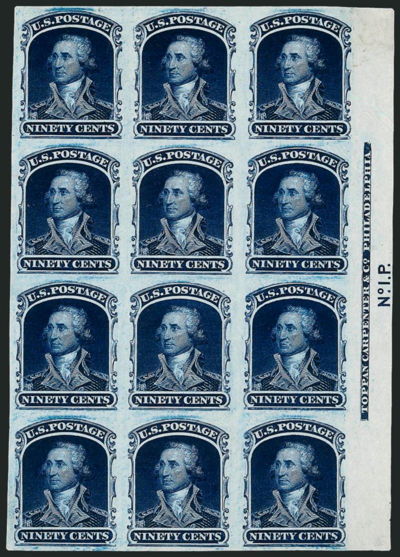 90c Deep Blue, Plate Proof on India (47P3).> Right imprint and plate no. 1 block of twelve, off card, margins all around, couple trivial natural India paper flaws in selvage, still Extremely Fine, an impressive
imprint and plate number multiple