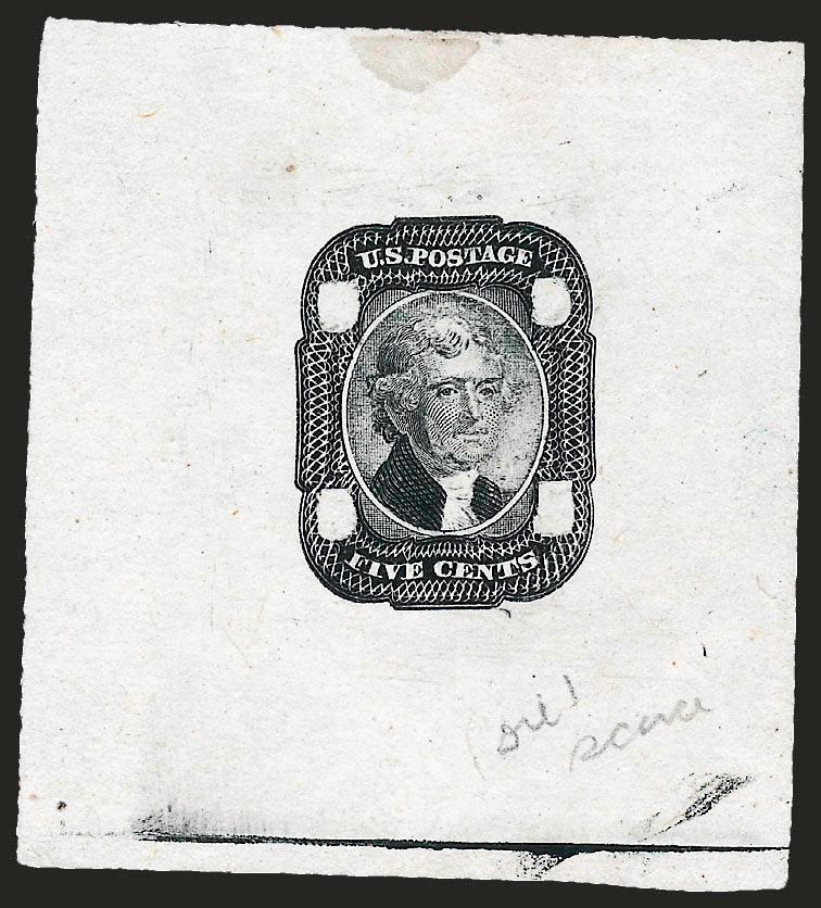 Toppan, Carpenter & Co., 5c Black, Die I, Die Essay on Proof Paper (67-E2 var).> Clearly Die I with incomplete background, 52 x 52mm, small toned spot at top, otherwise Very Fine, scarce, unlisted in
Scott