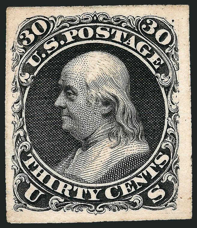 30c Black, Plate Essay on Card (71-E2c).> Unusually large margins, thins but not split thin as usually seen, Extremely Fine, exceptionally nice example of this scarce plate essay