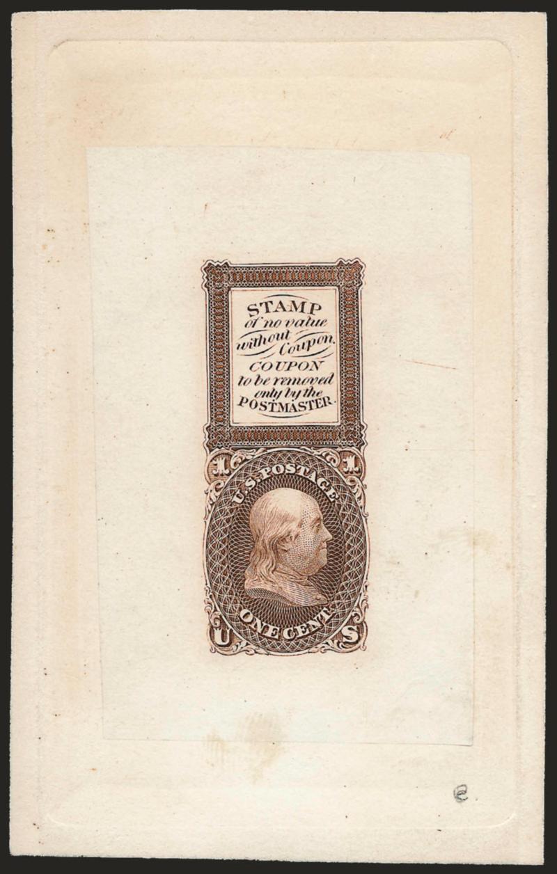 1c Orange Brown, Bowlsby Patent Coupon, Die Essay on India (63-E13a).> On 65 x 103mm card with full die sinkage, ms. e at bottom right, Very Fine