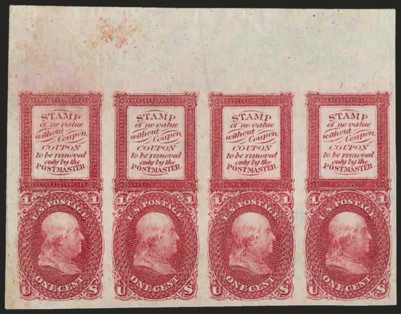 1c Red, Bowlsby Patent Coupon, Plate Essay on White Paper (63-E13d).> Horizontal strip of four, large to huge margins incl. <sheet margin at top,> original gum, few usual trivial paper imperfections, Extremely
Fine, an impressive and scarce multiple,