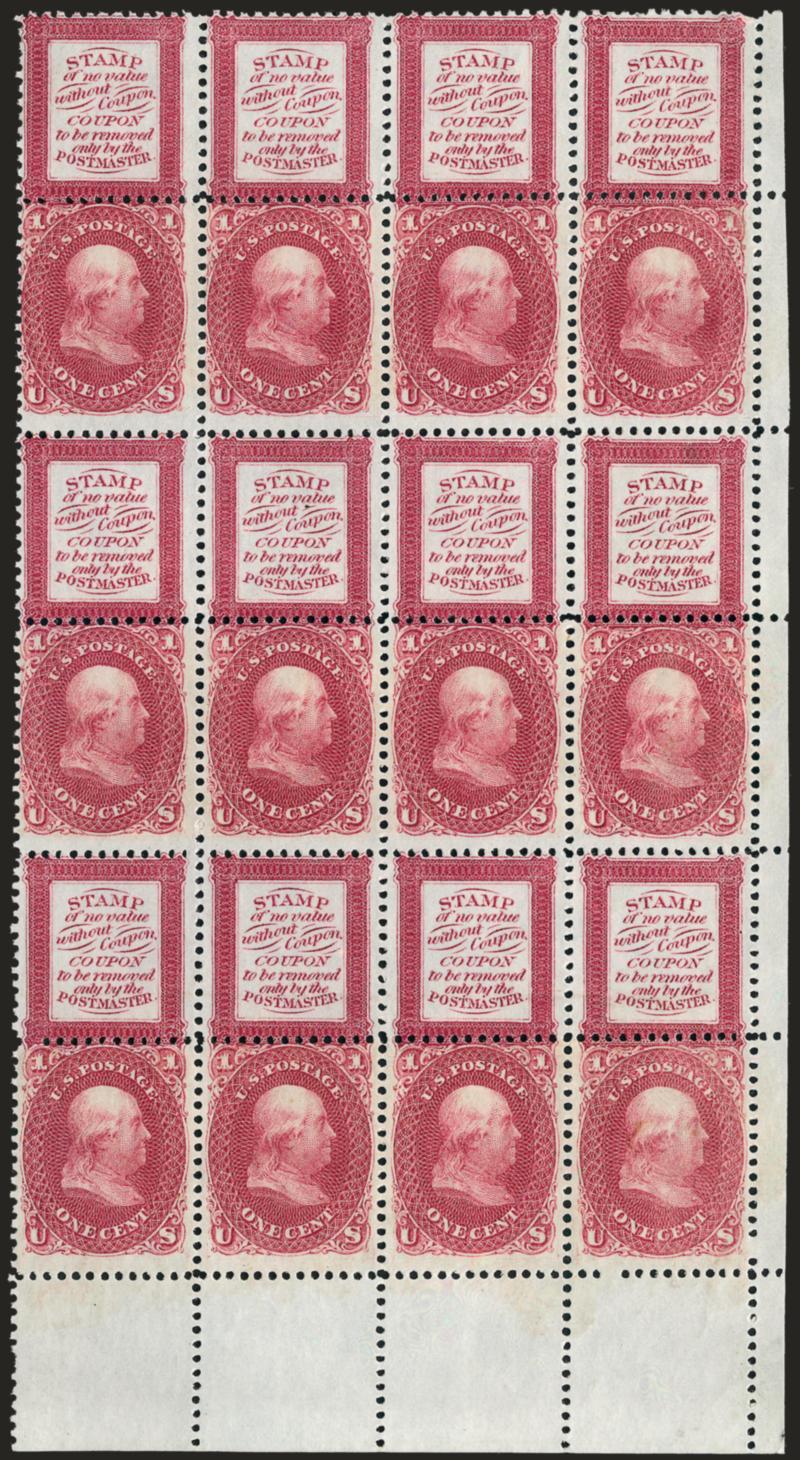 1c Bowlsby Patent Coupon, Plate Essay, Perforated All Around (63-E13f).> Block of twelve in Red with <selvage at bottom,> original gum, lightly hinged, rich color<><>^FINE-VERY FINE. A SCARCE LARGE MULTIPLE OF
THE ONE-CENT BOWLSBY PATENT COUPON WHI
