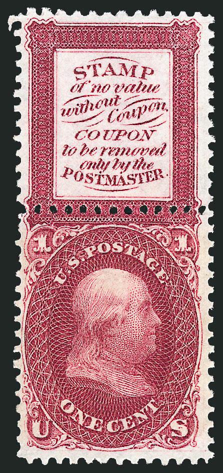 1c Red, Bowlsby Patent Coupon, Plate Essay, Perforated All Around (63-E13f).> Original gum, deep rich color on bright paper, wide margins, Very Fine and choice