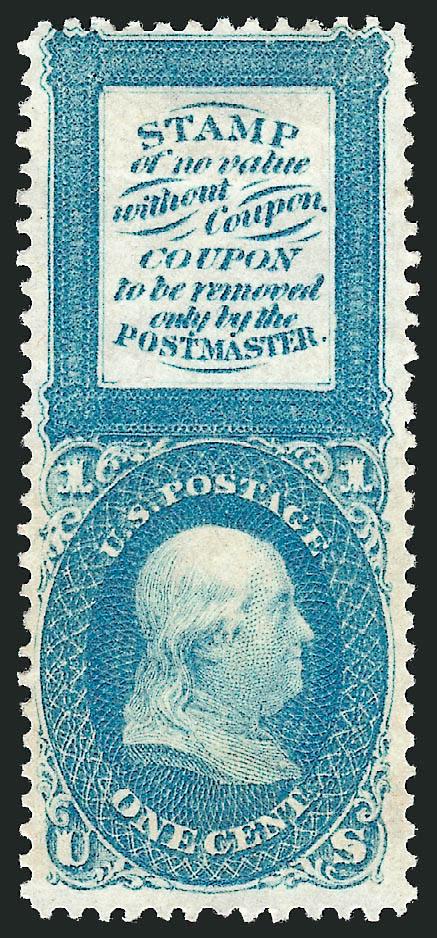 1c Bowlsby Patent Coupon, Plate Essay, Perforated All Around, Imperforate Between Stamp and Coupon (63-E13g).> One in Red and one in Blue, bright colors, original gum, Fine-Very Fine set of both Scott-listed
colors