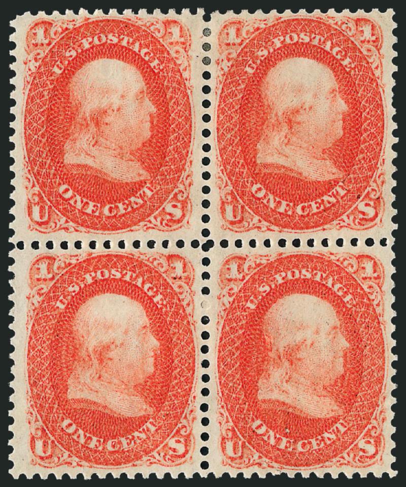 1c Franklin, Trial Color Plate Proofs, Perforated and Imperforate (63TC4-63TC5).> Former incl. incredibly well-centered Orange Red block of four with original gum, one nibbed perf, otherwise Extremely Fine
bottom imprint and plate no. 27 strip of fo