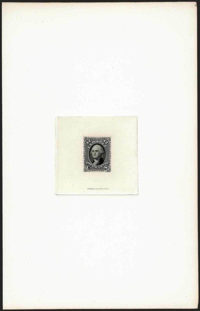 12c Black, Large Die Proof (69P1).> Die sunk on 140 x 218mm card, National Bank Note Co. imprint and faint 444 die no., Extremely Fine