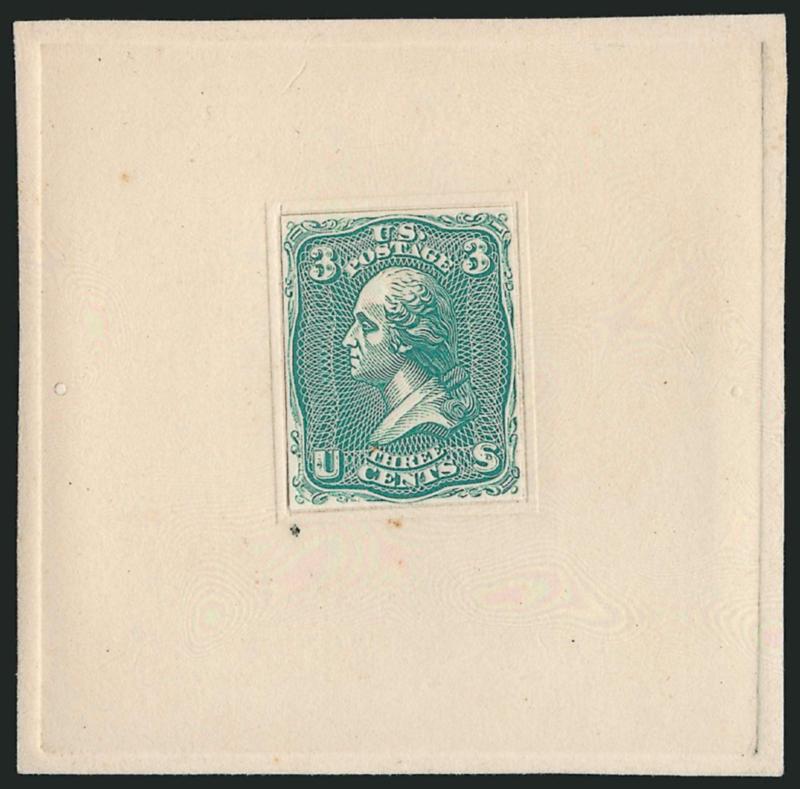 3c Washington Typographed Die Essays (79-E23b, 79-E23d, 79-E23h).> Nos. 79-E23d and both colors of 79-E23h full dies, 79-E23b cut down to stamp size, also incl. another 79-E23h in Green Blue (cut down) and
79-E23i plate essay in Dark Blue on gummed w