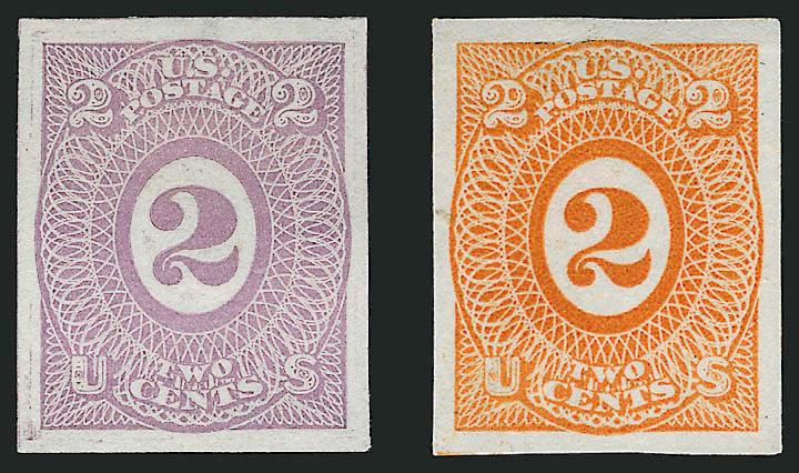 2c Orange, Violet Red, Die Essays on India (79-E27c).> Off card and reduced to 23 x 28mm, has some design elements similar to the 1c 1861-66 Issue, trivial India paper thin spots, Extremely Fine appearance,
seldom seen despite relatively low catalog