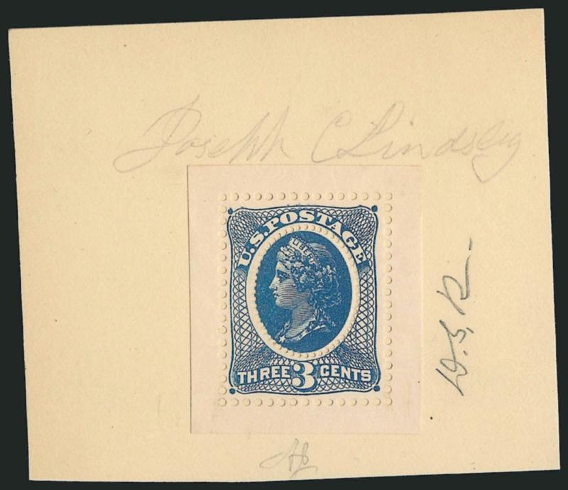 3c Liberty Die Essays (79-E30l, 79-E30n, 79-E30v).> Two 79-E30l (without imprint, one trimmed off), two of 79-E30n, reduced and on card with engravers initials or signatures, three of 79-E30v, overall Very Fine
lot
