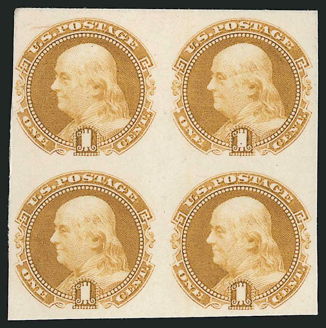 1c-24c 1869 Pictorial Issue, Plate Proofs on India (113P3-117P3, 119P3-120P3, 133P3).> Blocks of four, 1c on original card backing, virtually all with choice large margins, Very Fine-Extremely Fine,
exceptionally nice lot