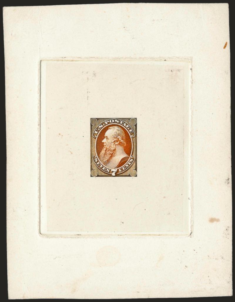 7c Stanton, Large Die Essay on India (149-E6).> Nine of the fifteen different listed colors, all full dies, one off card, others die sunk on cards of various sizes, one slight oxidation, several minor age
toning, otherwise Very Fine lot