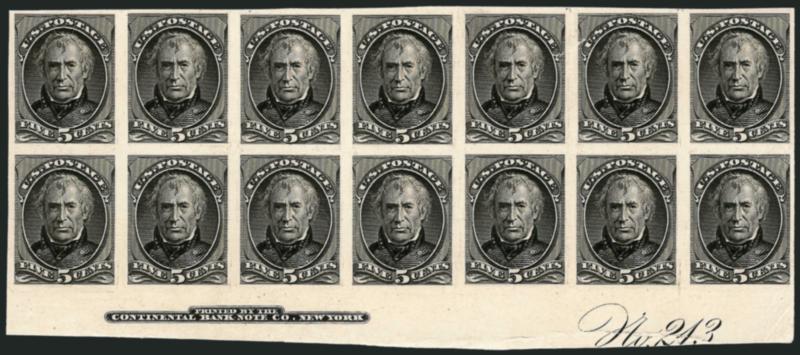 5c Taylor, Blue Large Die Proof, Black Trial Color Plate Proof on India (179TC1, 185TP1.> Latter die sunk on 145 x 223mm card, Extremely Fine former bottom imprint and plate no. 243 block of fourteen with
original card backing, small diagonal surfac