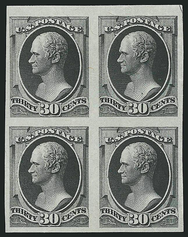 2c-30c 1870 Bank Note Issue, Plate Proofs on India (146P3-149P3, 152P3-154P3).> Blocks of four, 6c with huge top sheet margin (on original card), 24c with bottom imprint, large to huge margins, Very
Fine-Extremely Fine lot