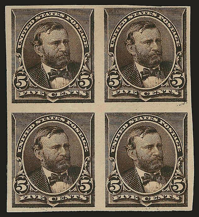 5c 1890 Issue, Trial Color Plate Proof on Gummed Stamp Paper (223TC4).> Blocks of four, two different shades, Fine-Very Fine, one appears to be the issued color but is not the Yellow Brown listed for the plate
proof on gummed stamp paper