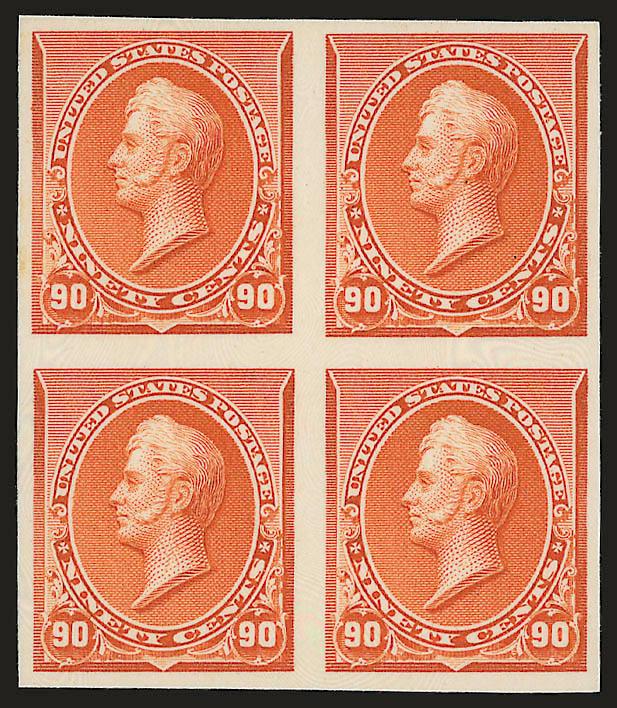 1890-93 Issue, Plate Proofs on India and Card.> Eighteen items, eleven different, incl. blocks of four of Nos. 221P3 (two, one top arrow pos.), 222P3 (blocks of four and eight, different shades), 229P3 block of
six, 227P4-229P4 blocks of four (extra