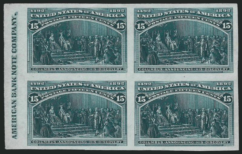 3c-15c Columbian, Plate Proofs on India (232P3-238P3).> Blocks of four, 15c with full left imprint, one 8c trivial margin flaw, otherwise virtually all Very Fine-Extremely Fine