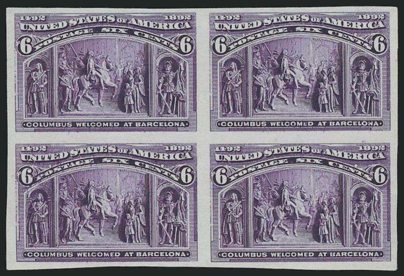 4c-6c Columbian, Plate Proofs on India (233P3-235P3).> Blocks of four, two, one and four respectively, two different 6c shades, Very Fine-Extremely Fine