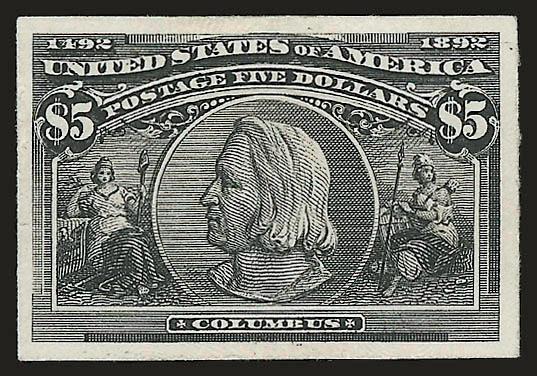 1c-$5.00 Columbian, Plate Proofs on Card (230P4-237P4, 240P4-241P4, 243P4, 245P4).> Nice accumulation of 73 proofs with multiples, incl. 27 of the 1c and eighteen of the 2c, the other 28 in quantities of
generally two to four each, virtually all Very