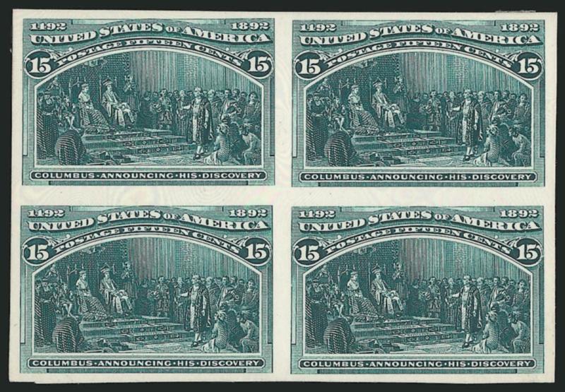 1c-15c Columbian, Plate Proofs on Card (230P4-232P4, 234P4-238P4).> Blocks of four, Very Fine-Extremely Fine