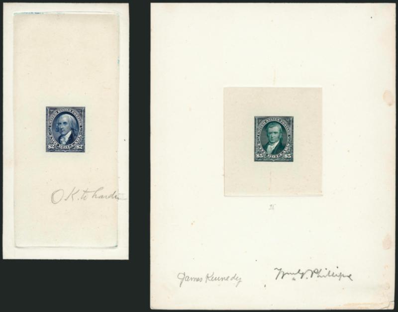 $2.00 Dark Blue, $5.00 Dark Green, Large Die Proofs (262P1-263P1).> Die sunk on cards, $2.00 62 x 124mm, the vertical format variety, $5.00 149 x 219mm, former with pencil note OK to harden, latter singed in
pencil by Kennedy and Phillipe, the engr