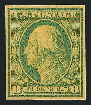 8c Olive Green on Yellow, Large Die Proof on Wove (337P1).> Reduced to stamp size, light creases, Very Fine appearance, this is one of seven 1908-09 Issue proofs listed on colored paper but unpriced and the
only 8c (three of the seven are 50c values)