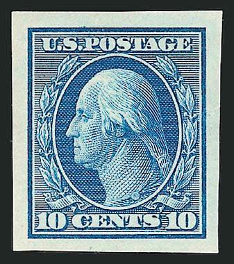 10c Blue on Pale Greenish Blue, Trial Color Large Die Proof on Wove (338TC1 var.).> Reduced to stamp size but with huge margins, thin spot, Extremely Fine appearance, lue shade is unlisted on colored paper,> a
10c in Orange is listed on Greenish Bl