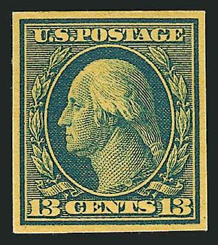 13c Blue on Yellow, Large Die Trial Color Proof on Wove (339TC1).> Reduced to stamp size, Very Fine, listed but unpriced