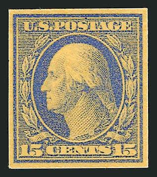 15c Ultramarine on Yellow, Large Die Trial Color Proof on Wove (340TC1).> Reduced to stamp size, Very Fine, listed but unpriced (this is possibly the Blue on Yellow listing, but definitely Ultramarine)