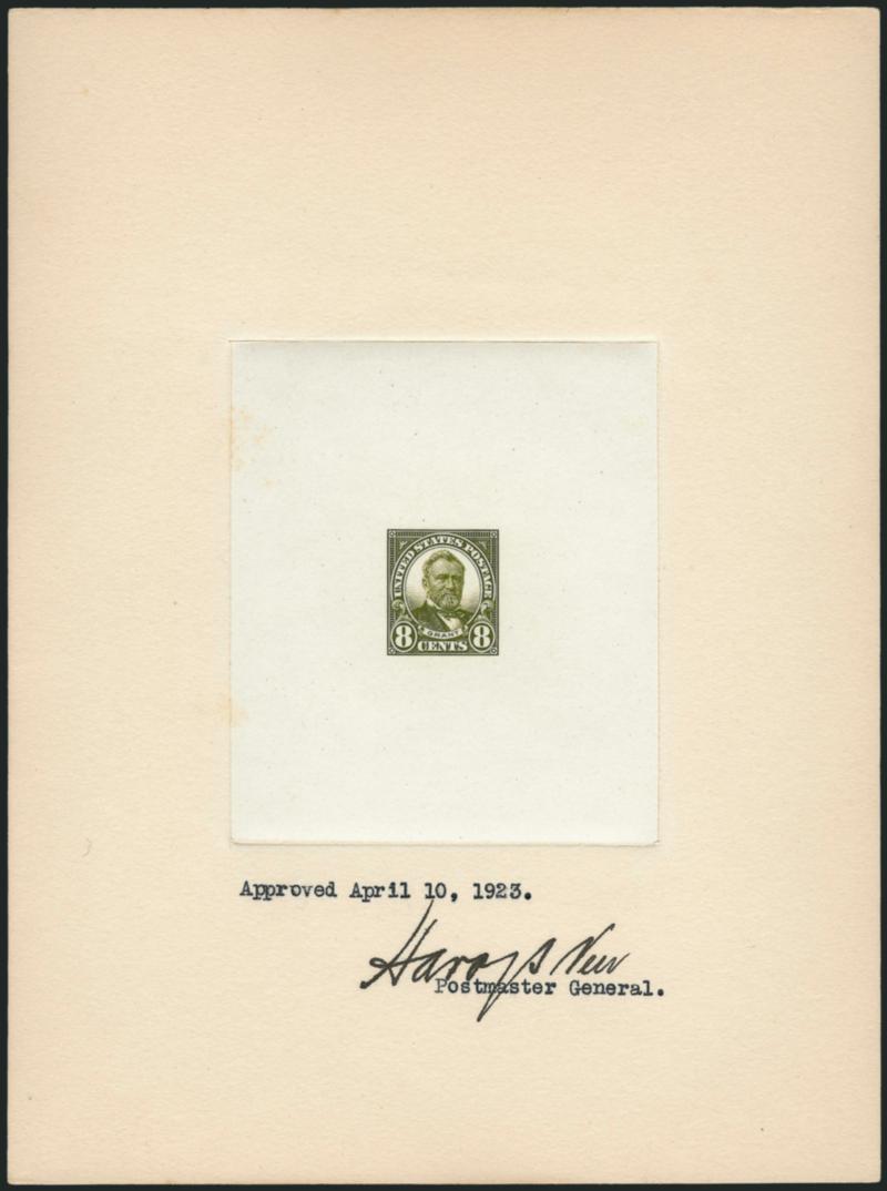 8c Olive Green, Large Die Proof on White Wove (560P1a).> Die sunk on 150 x 200mm card, wonderfully fresh and well-preserved, typewritten Approved April 10, 1923. and signed Harry S New Postmaster General,
Extremely Fine, this proof is believed to