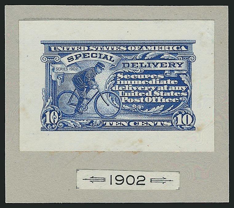 10c 1885-1902 Special Delivery, Small Die Proofs (E1P2-E3P2, E6P2).> On gray cards from a Roosevelt album with year of issue labels beneath each one, Very Fine