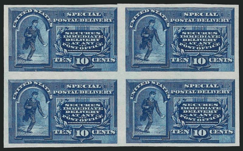 10c 1885-1902 Special Delivery, Small Die Proofs and Plate Proofs on India and Card (E1P3-E3P3, E1P4-E3P4, E2P2, E6P2).> 37 plate proofs in various quantities, singles, four blocks of four and one block of
nine, one each of the small dies, both on sm
