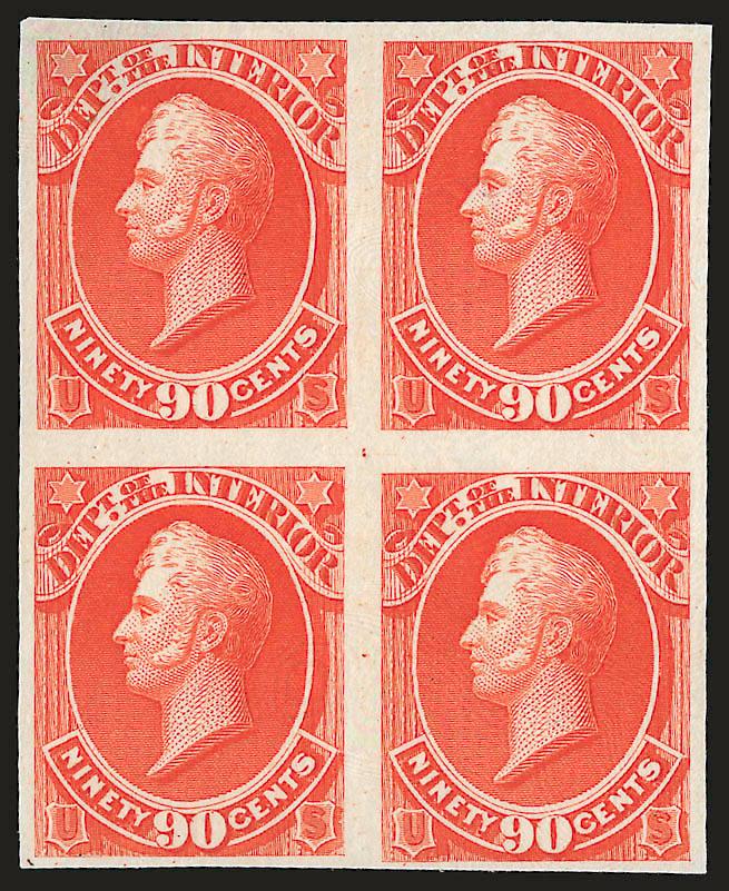 1c-90c Interior, Plate Proofs on India (O15P3-O24P3).> Blocks of four, large margins, radiant colors, few small faults as usually found on this fragile paper, Very Fine appearance