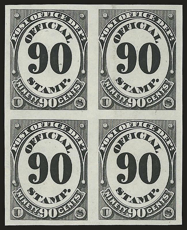 1c-90c Post Office, Plate Proofs on India (O47P3-O56P3).> Blocks of four, one 1c small hole, otherwise Extremely Fine