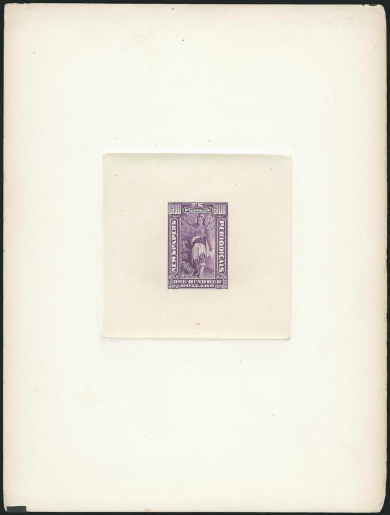 1c-$100.00 1895 Newspaper, Large Die Proofs (PR102P1-PR105P1, PR107P1-PR113P1).> Complete less 25c, die sunk on 150 x 200mm cards, couple with slight trivial card toning, $2.00 bit oxidized, $50.00 with small
card tear at left, otherwise Very Fine